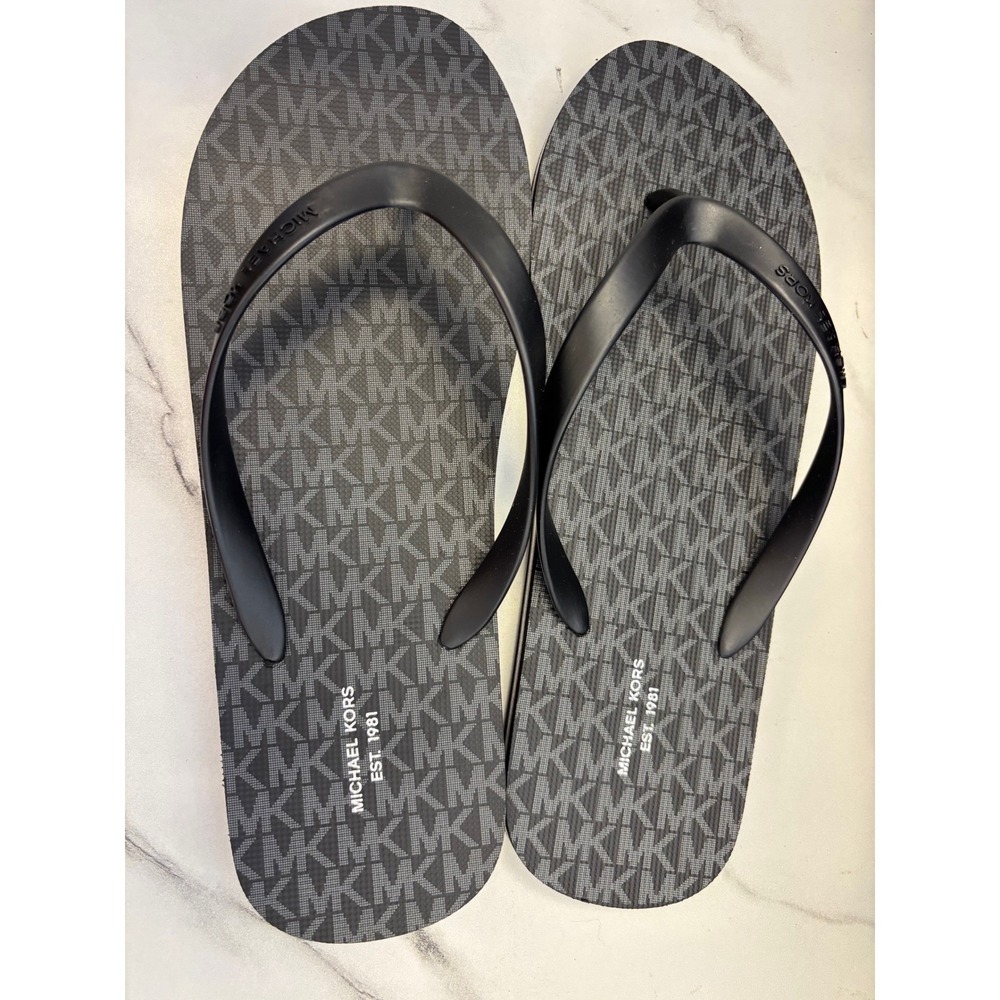 NWT Michael Kors MK Logo Flip Flop Sandals Black Grey Monogram Thong Slides‎